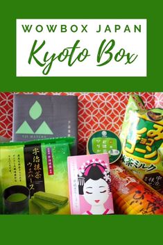 an assortment of different types of food and drinks with the words wowbox japan kyto box