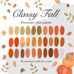 the classy fall color palette with pumpkins, leaves and acorns on it