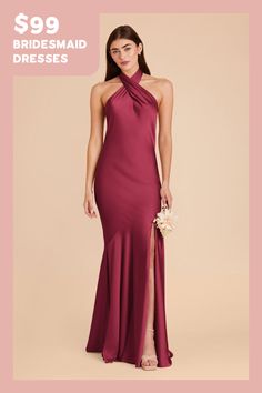 a woman in a long red dress with the words $ 99 bridesmaid dresses