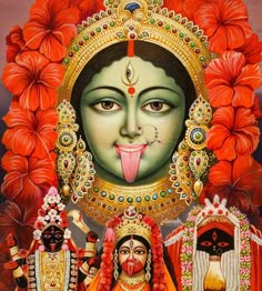 an oil painting on canvas of hindu god and goddess with flowers in the back ground