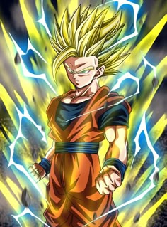 the dragon ball character is in action with his yellow and black hair, while he's surrounded by lightning