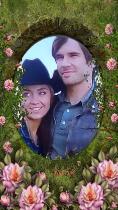 a man and woman are standing in front of some pink flowers with the words marie on it