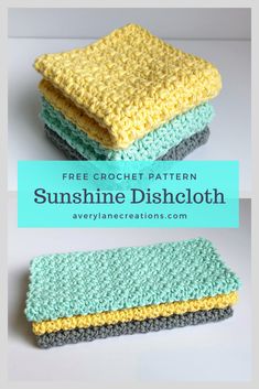 three crocheted dishcloths with the words free crochet pattern on them