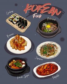 an illustration of korean food on plates with chopsticks