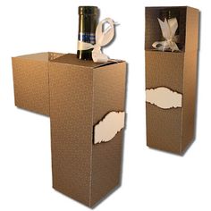 two cardboard boxes with wine bottles in them and one has a white dove on it