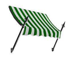 a black and white striped awning on top of a chair with an umbrella attached to it