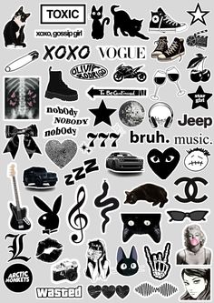 various black and white stickers on a gray background with the words love, rock, music