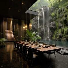 a dining room with a waterfall in the background