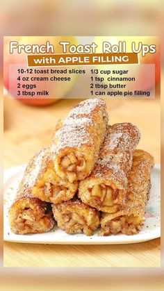 french toast roll ups with apple filling on a white plate next to an orange background