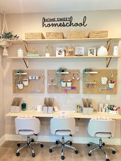 two desks with baskets on the wall