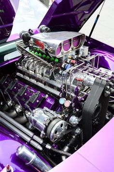 an engine in the center of a purple car