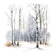 watercolor painting of trees in the snow