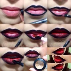 Vegas Eye Makeup, Vampiress Makeup, Red Ombre Lips, Ombre Lips Tutorial, Metallic Eye Makeup, Ombré Lips, Ombre Lipstick, Ombre Lip, Lips Tutorial