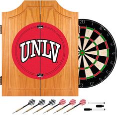 a wooden cabinet with darts and darts in front of the door that says unlv