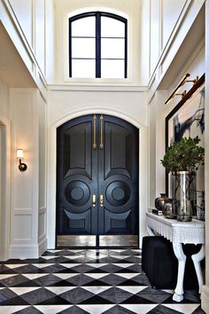 a black and white checkered floor in front of a door