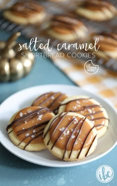 salted caramel shortbread cookies on a white plate