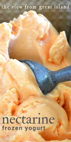 a scoop of ice cream in a bowl with a spoon on the side that says nectarine frozen yogurt