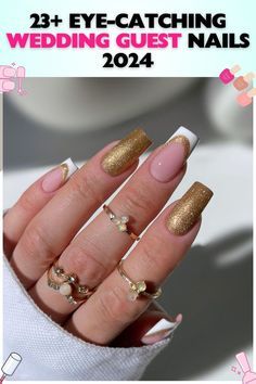 Short Plain Nails, French Tips Square, Wedding Guest Nail, Wedding Guest Nails, Free Hand Designs, Plain Nails, Gold Glitter Nails, Soft Nails