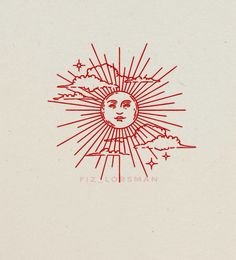 a drawing of the sun with stars and clouds