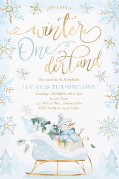 a baby's sleigh with snowflakes on it and the words winter onederland