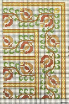 a cross stitch pattern with orange and green designs on the border, as well as an ornate