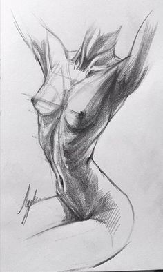 a pencil drawing of a woman's torso with her hands behind her back and head tilted to the side