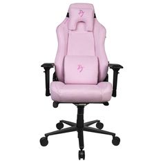 a pink office chair sitting on top of a black base