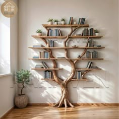 a wooden tree shelf with books on it in a room next to a potted plant