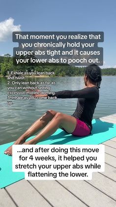 a woman is sitting on a yoga mat with her legs crossed, and the text reads that moment you really relieze that you chronically hold your upper abs