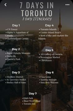 the 7 days in toronto tour is shown with information for each city and it's attractions