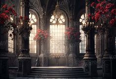 a gothic - styled room with roses and chandeliers on the windowsills