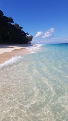 the water is crystal clear and blue on this tropical island beach, with white sand and green trees in the background