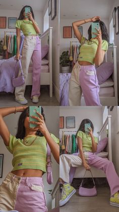 Pastel Outfit Casual, Cute Spring Outfits Colorful, K Pop Aesthetic Outfits, Danish Pastel Aesthetic Outfits, Lilac And Green Outfit, Cute Outfits Colorful, Pastel Color Outfit Aesthetic, Green Purple Aesthetic Outfit, Green And Purple Outfit Aesthetic