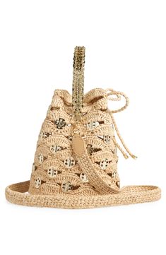 A unique wave-inspired design hand-braided from raffia and accented with signature disc hardware defines this bucket bag that's a chic warm-weather carryall. Drawstring closure Top carry handle; removable crossbody strap Raffa/metal Imported Designer Handbags Luxury Summer Bucket Bag With Gold-tone Hardware, Luxury Bucket Bag With Gold-tone Hardware For Summer, Designer Natural Straw Bag With Gold-tone Hardware, Luxury Woven Leather Straw Bucket Bag, Luxury Straw Bucket Bag With Woven Leather, Designer Summer Shoulder Bag With Braided Handles, Luxury Natural Bucket Bag For Spring, Luxury Natural Color Bucket Bag For Spring, Designer Summer Shoulder Bag For Vacation