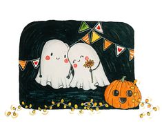 two white ghostes standing in front of a pumpkin on a black background with bunting streamers