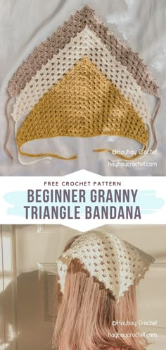 the crochet granny triangle hat pattern is shown in three different colors and sizes