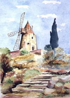 a watercolor painting of a windmill on a hill with steps leading up to it