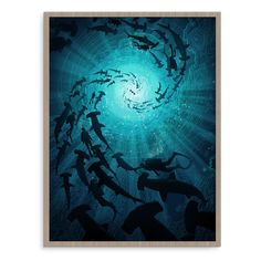 an abstract painting with many people swimming in the water and surrounded by blue swirls