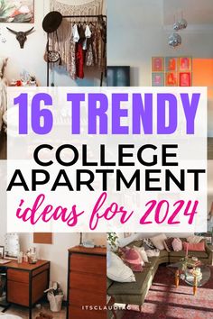 the words trendy college apartment ideas for 2014 are shown in this collage with pictures