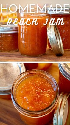 homemade peach jam in jars on a wooden table with text overlay that reads homemade peach jam