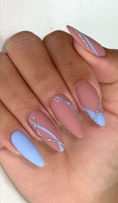 Oval Nails Designs Rhinestones, Easy Gel Nail Designs Almond, Gel X Nail Designs Almond Simple, Royal Blue Prom Dress Nail Ideas, Simple Blue Almond Nails, Six The Musical Nails, Prom Nails 2024, Nail Almond Ideas, Purple Nail Designs Simple