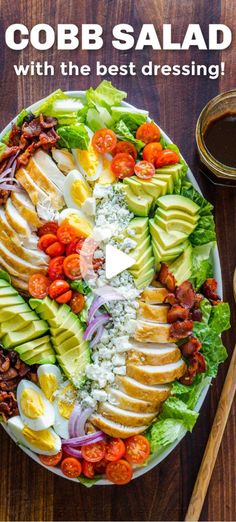 an image of a salad with dressing on the side and text that reads cobb salad with the best dressing