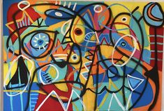 an abstract painting with various colors and shapes