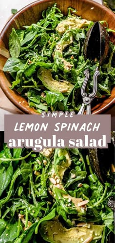 lemon spinach arugula salad in a wooden bowl with serving utensils