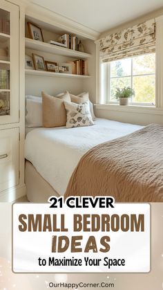 a small bedroom with white walls and beige bedding is featured in the article, 21 clever small bedroom ideas to maximumize your space