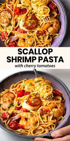 a plate of scallop shrimp pasta with cherry tomatoes White Wine Garlic Butter Sauce, Scallop And Shrimp Pasta, Cajun Seafood Pasta, Simple Weeknight Meals, Burst Cherry Tomatoes, Pasta With Cherry Tomatoes, Seafood Pasta Dishes, Scallop Pasta