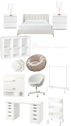 a white bedroom with furniture and accessories on it's side, including a bed, desk