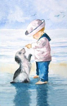 a painting of a little boy and his dog playing in the water at the beach