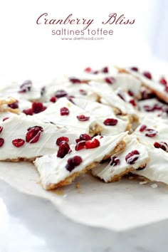 cranberry bliss saltine's toffee on a white platter