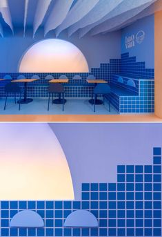 two pictures of the inside of a restaurant with blue tiles and round tables in it